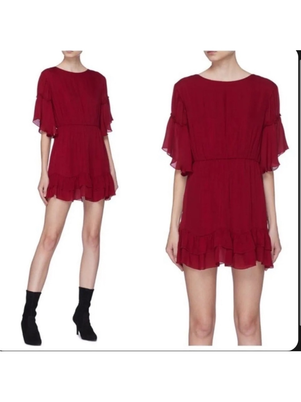 Alice + Olivia Katrina Bell Sleeve Ruffle Hem Silk Dress In Bordeaux - Picture 1 of 4